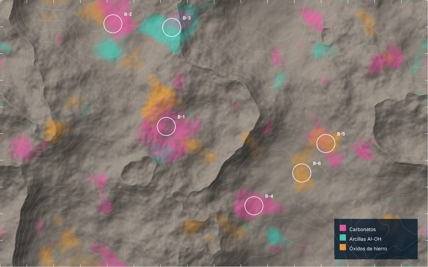 Mapa de alteración mineral en falso color con carbonatos, arcillas y óxidos de hierro, y blancos priorizados