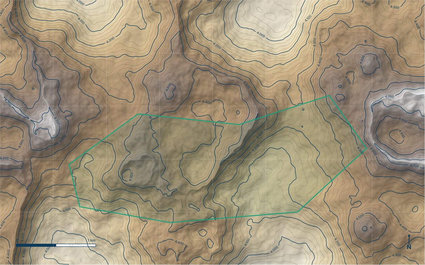 Mapa de relieve sombreado con curvas de nivel cada 25 m y polígono del área de estudio